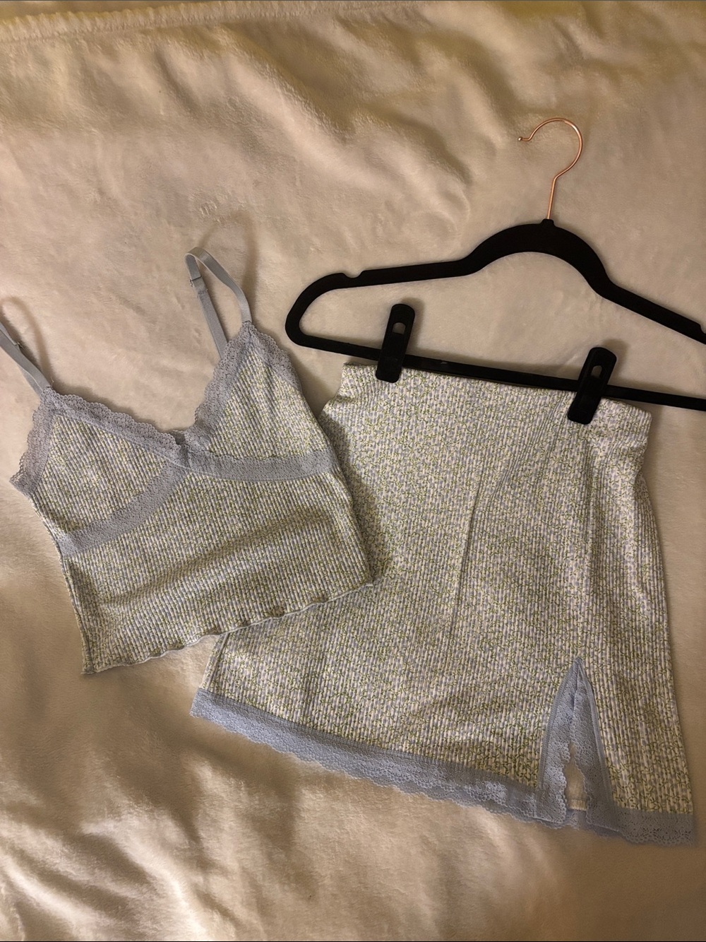 H&M Light Blue Knit Lace-Trim Camisole and Skirt Set